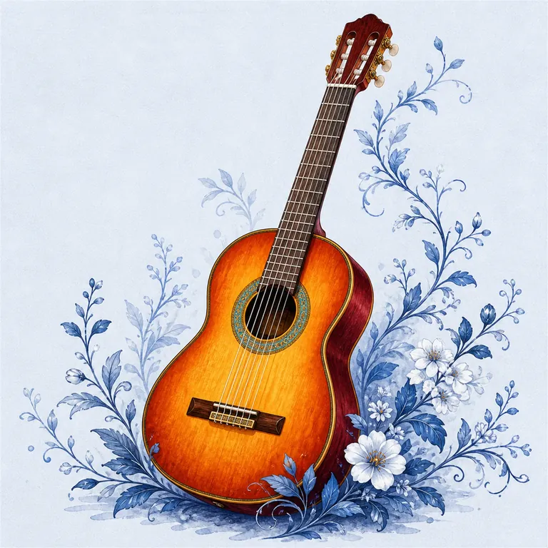 Rich amber classical guitar surrounded by blue floral vines