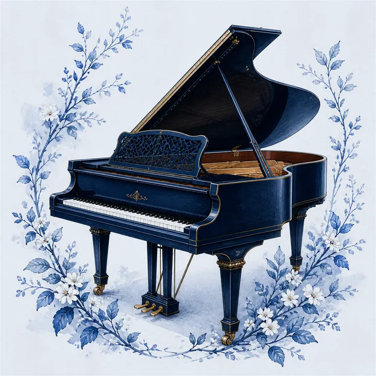 Deep blue grand piano surrounded by flowering vines