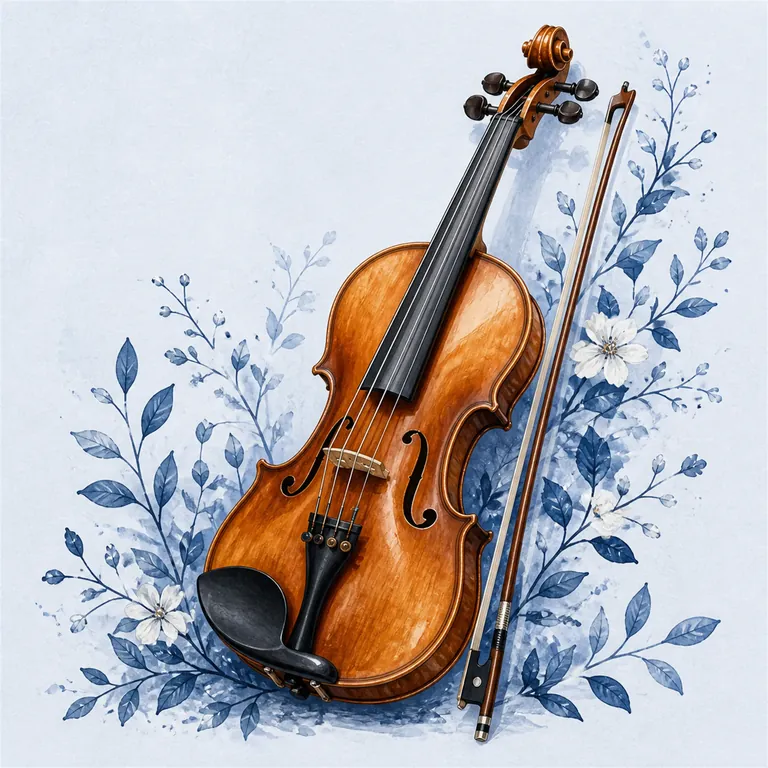 Warm amber violin surrounded by blue botanical vines