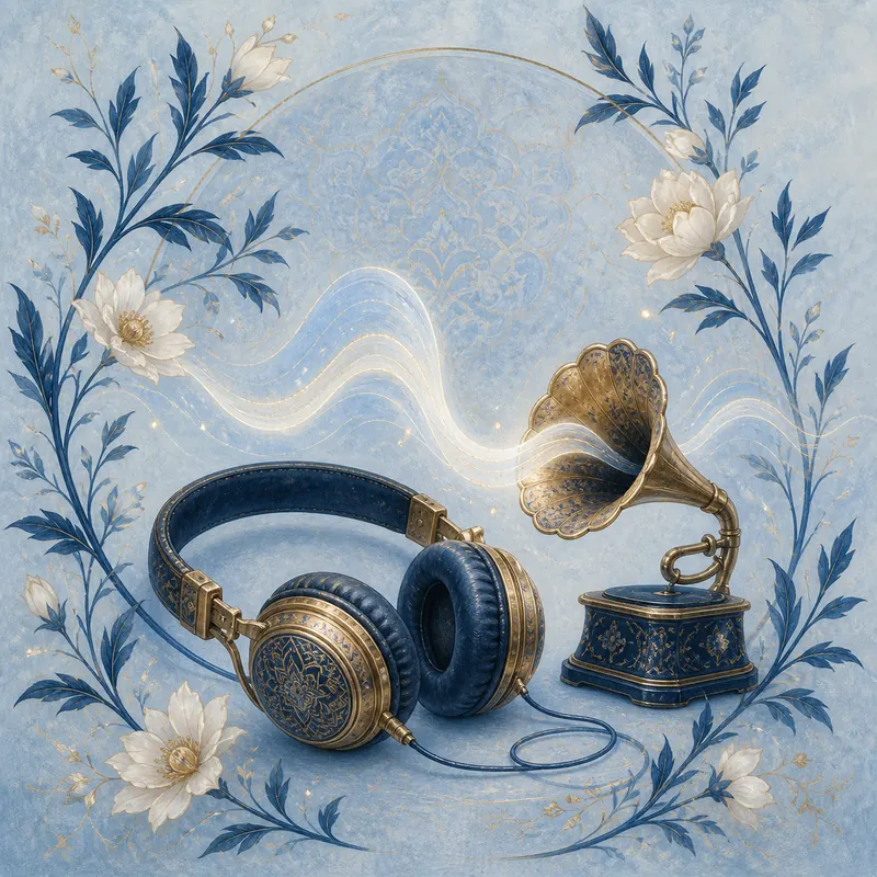 Headphones and gramophone framed by blue botanical branches