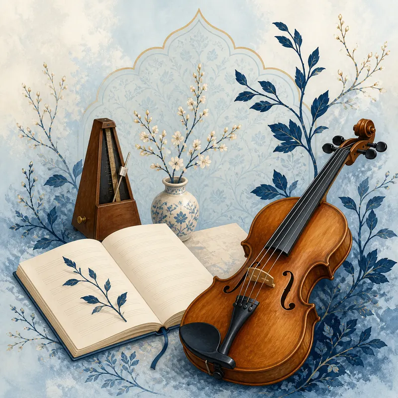 Violin, notebook, and metronome among blue botanical branches