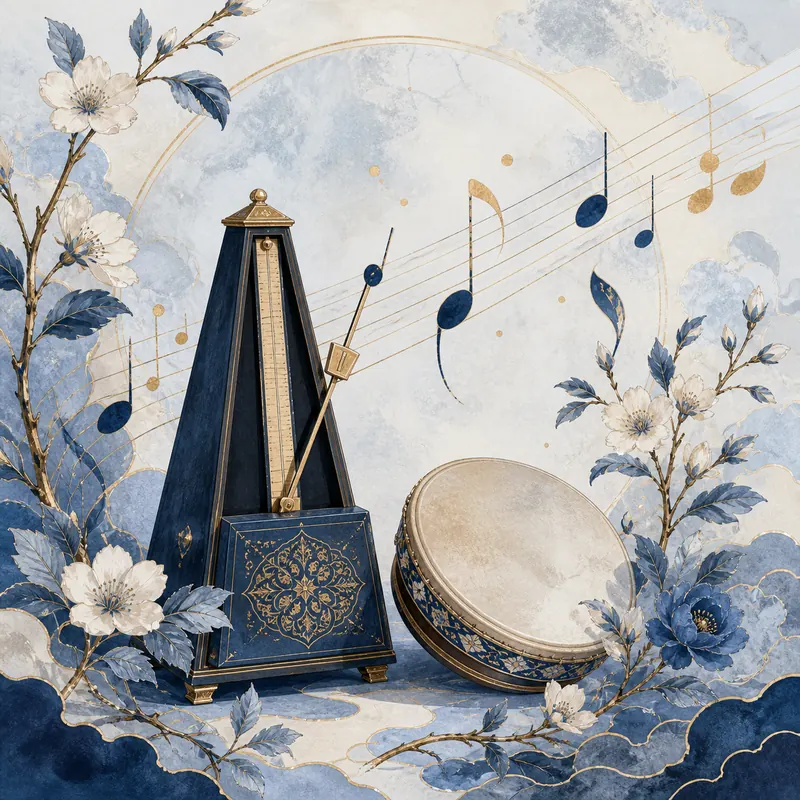 Metronome and hand drum among musical notes and flowers